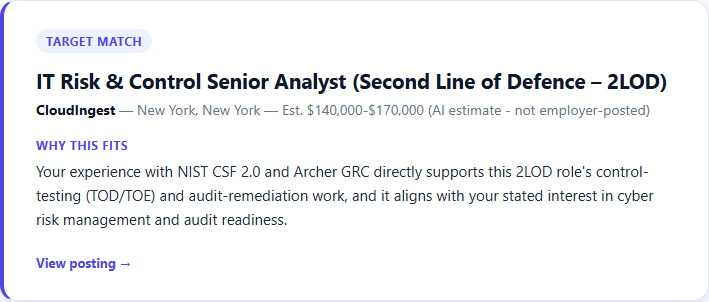 A real Chapply match card, showing a job title, company, location, salary estimate, and a plain-language reason the role fits the candidate's resume